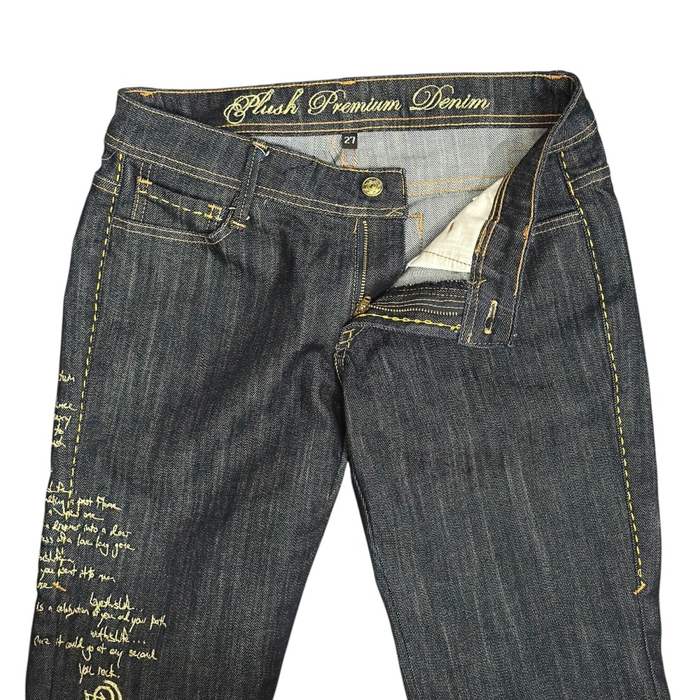 Plush Premium Denim Y2K Script Embroidered Bootcut Jeans Dark Wash Cuffed SZ 27 - Picture 4 of 7